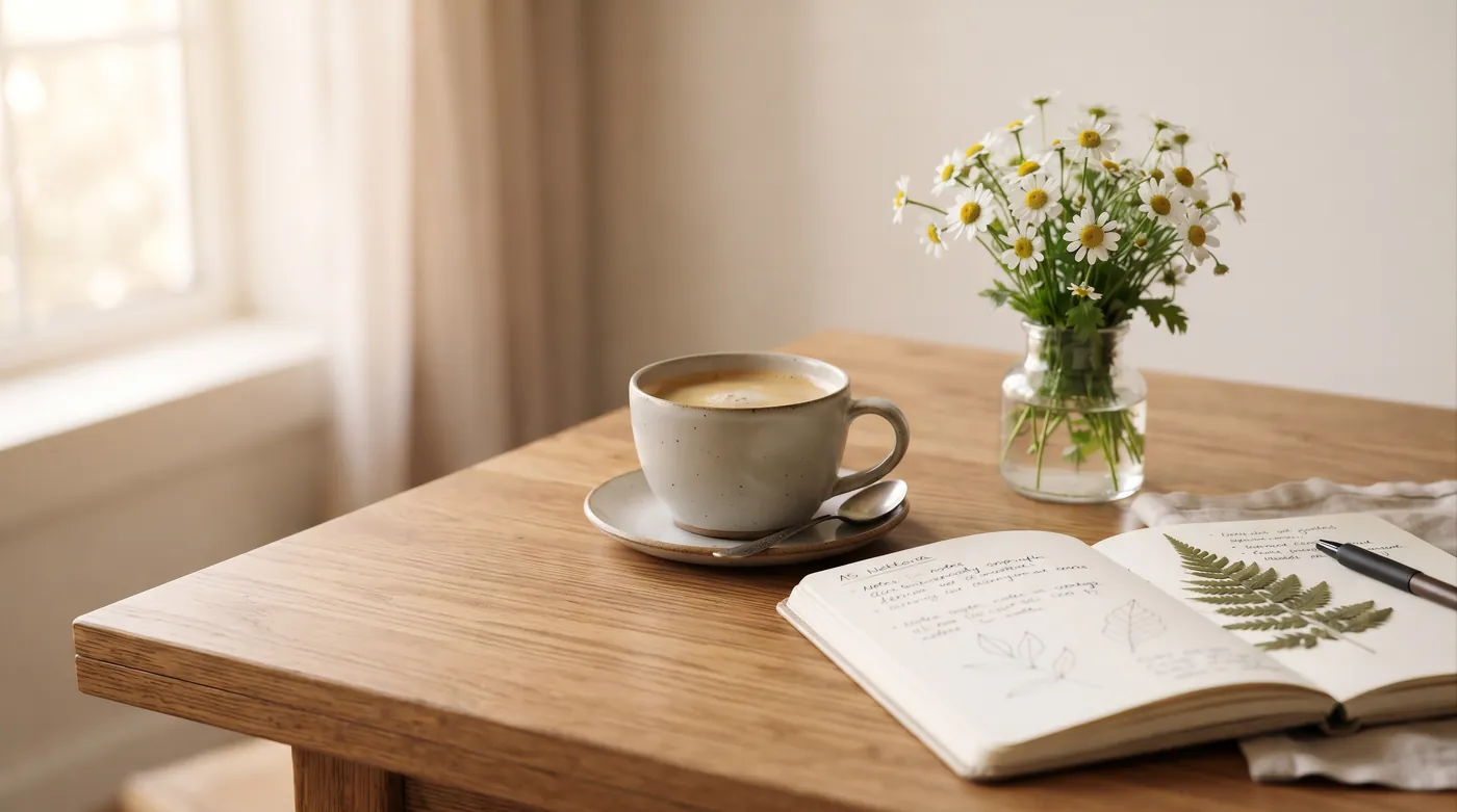 Offenes Notizbuch und Tasse auf einem Holztisch im Morgenlicht